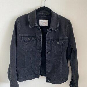 Distressed Vintage BLOSSOM Button Down Women Denim Jacket Black Classic Fit Sz L
